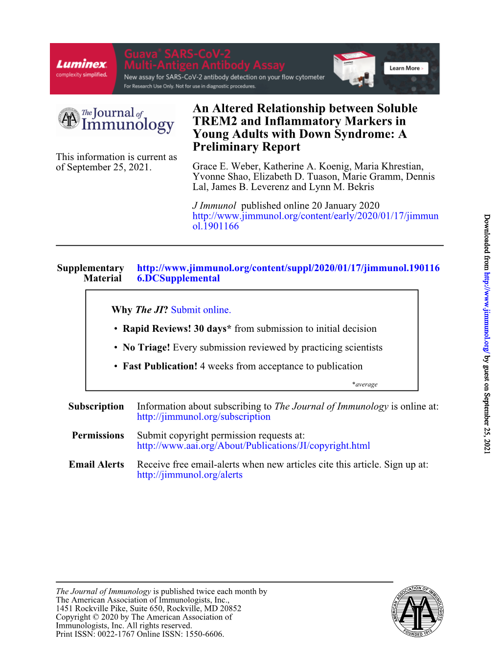 An Altered Relationship Between Soluble TREM2 and Inflammatory Markers in Young Adults with Down Syndrome