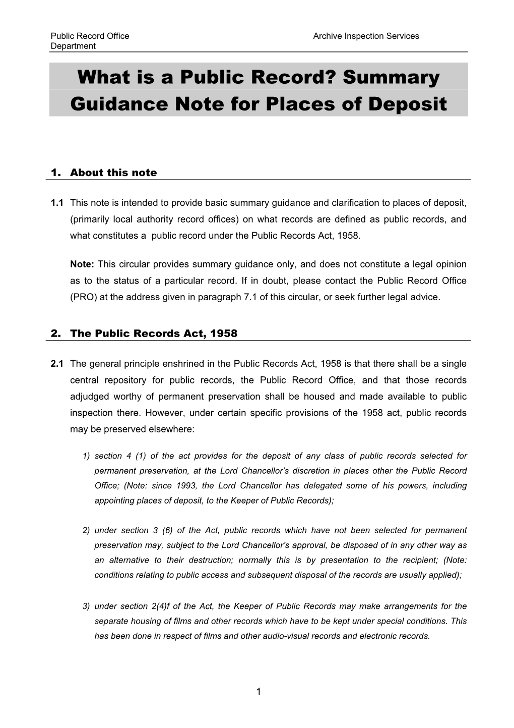 What Is a Public Record? Summary Guidance Note for Places of Deposit