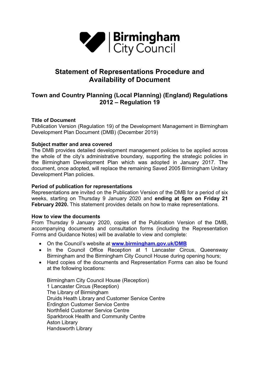 Statement of Representations Procedure and Availability of Document