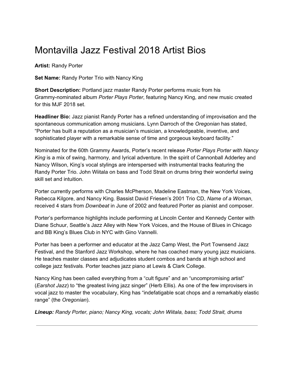 Press Kit 2018 Artist Bios