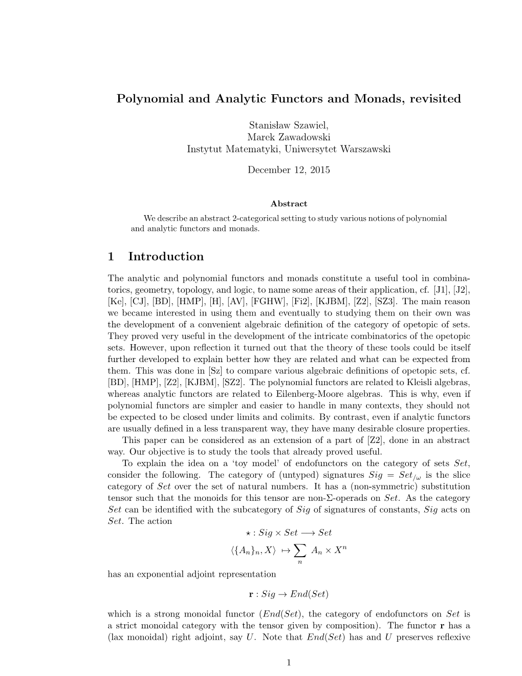 Polynomial and Analytic Functors and Monads, Revisited 1 Introduction