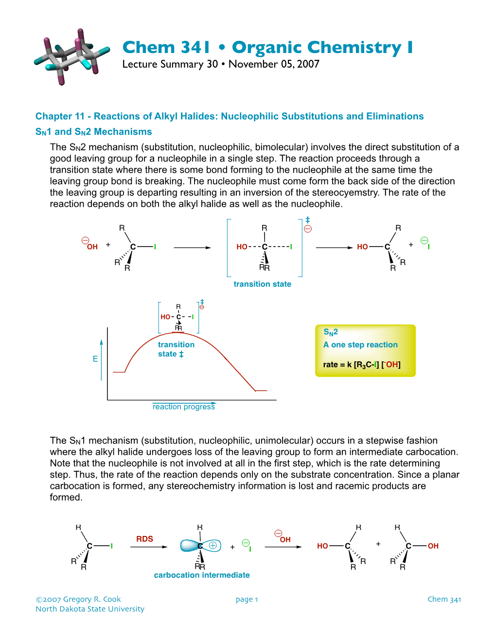 Chem 341 • Organic Chemistry I Lecture Summary 30 • November 05, 2007