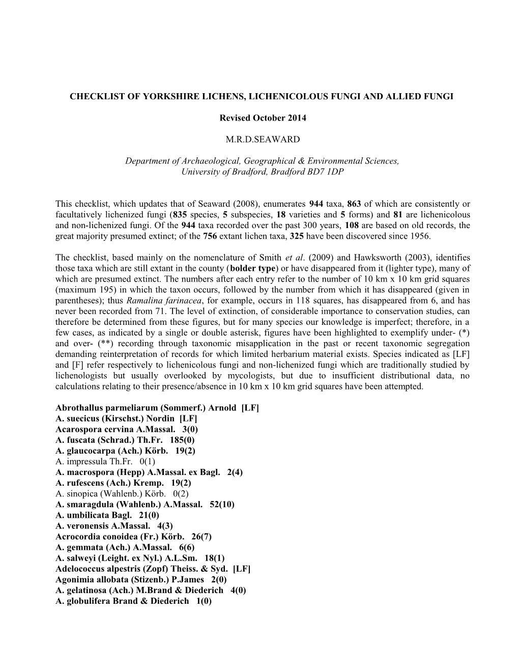 Checklist of Yorkshire Lichens, Lichenicolous Fungi and Allied Fungi