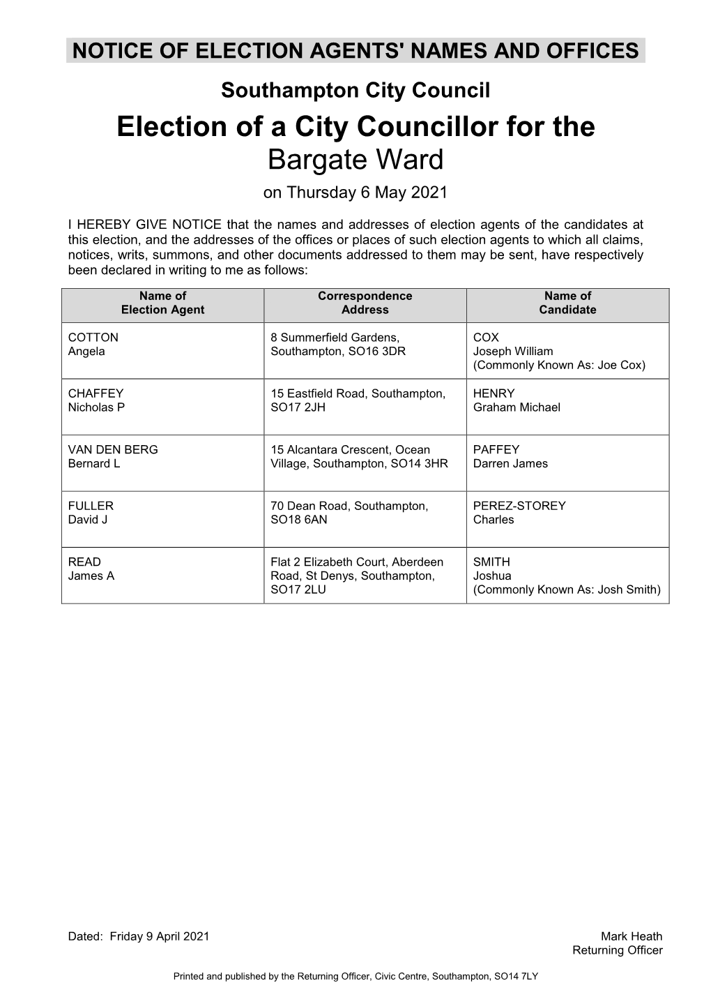 NOTICE of ELECTION AGENTS' NAMES and OFFICES Southampton City Council Election of a City Councillor for the Bargate Ward on Thursday 6 May 2021