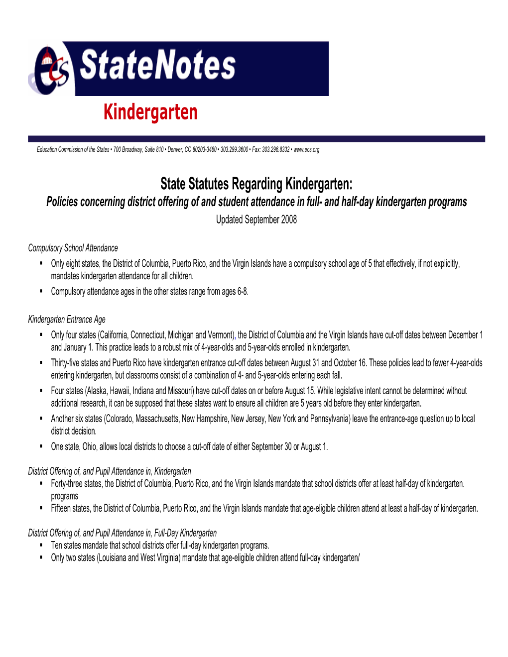 State Statutes Regarding Kindergarten