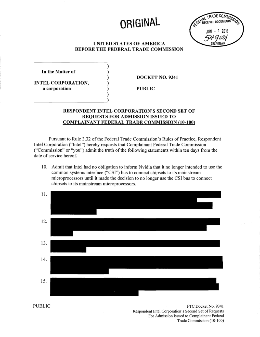 Respondent Intel Corporation's Second Set of Requests for Admission Issued to Complainant Federal Trade Commission (10-100)