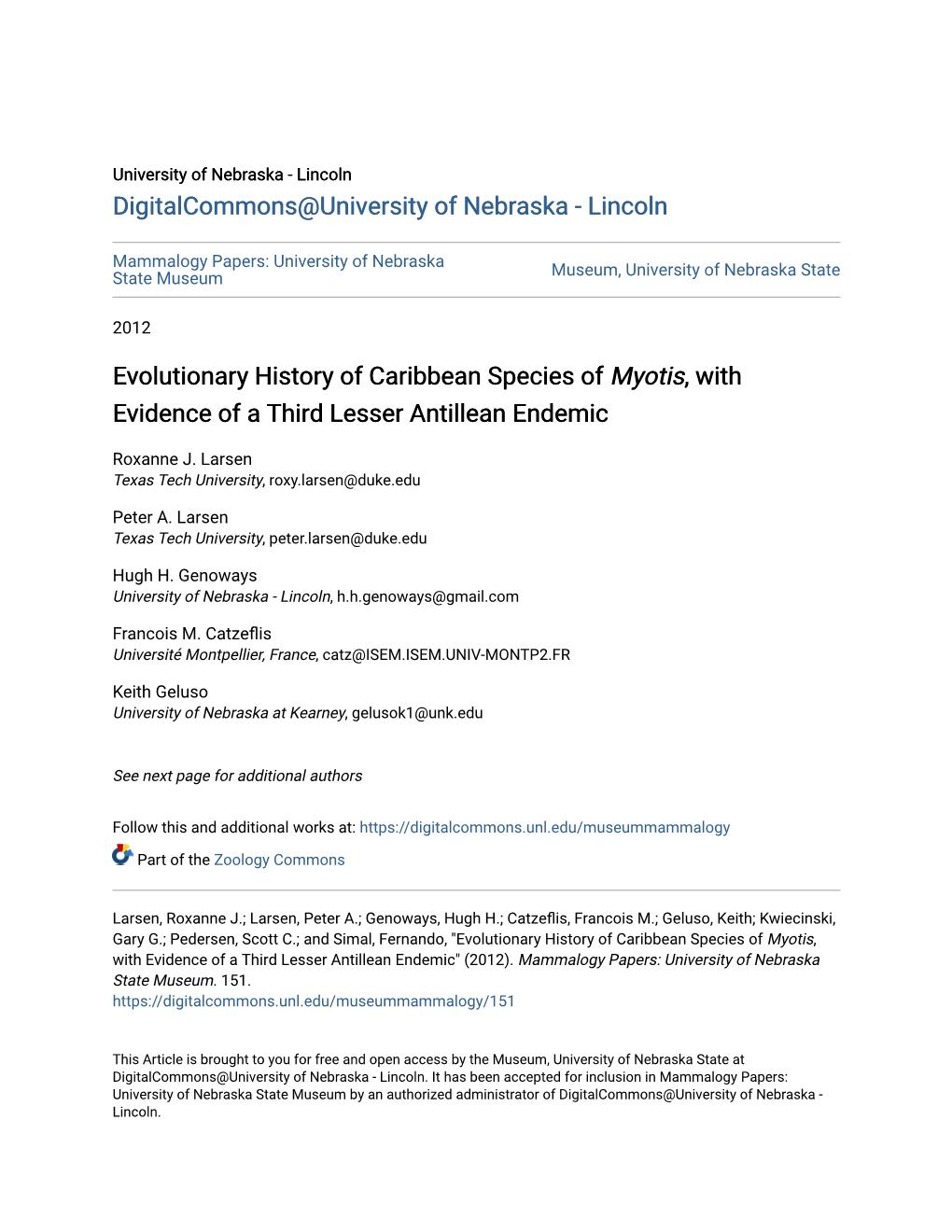 Evolutionary History of Caribbean Species of <I>Myotis</I>