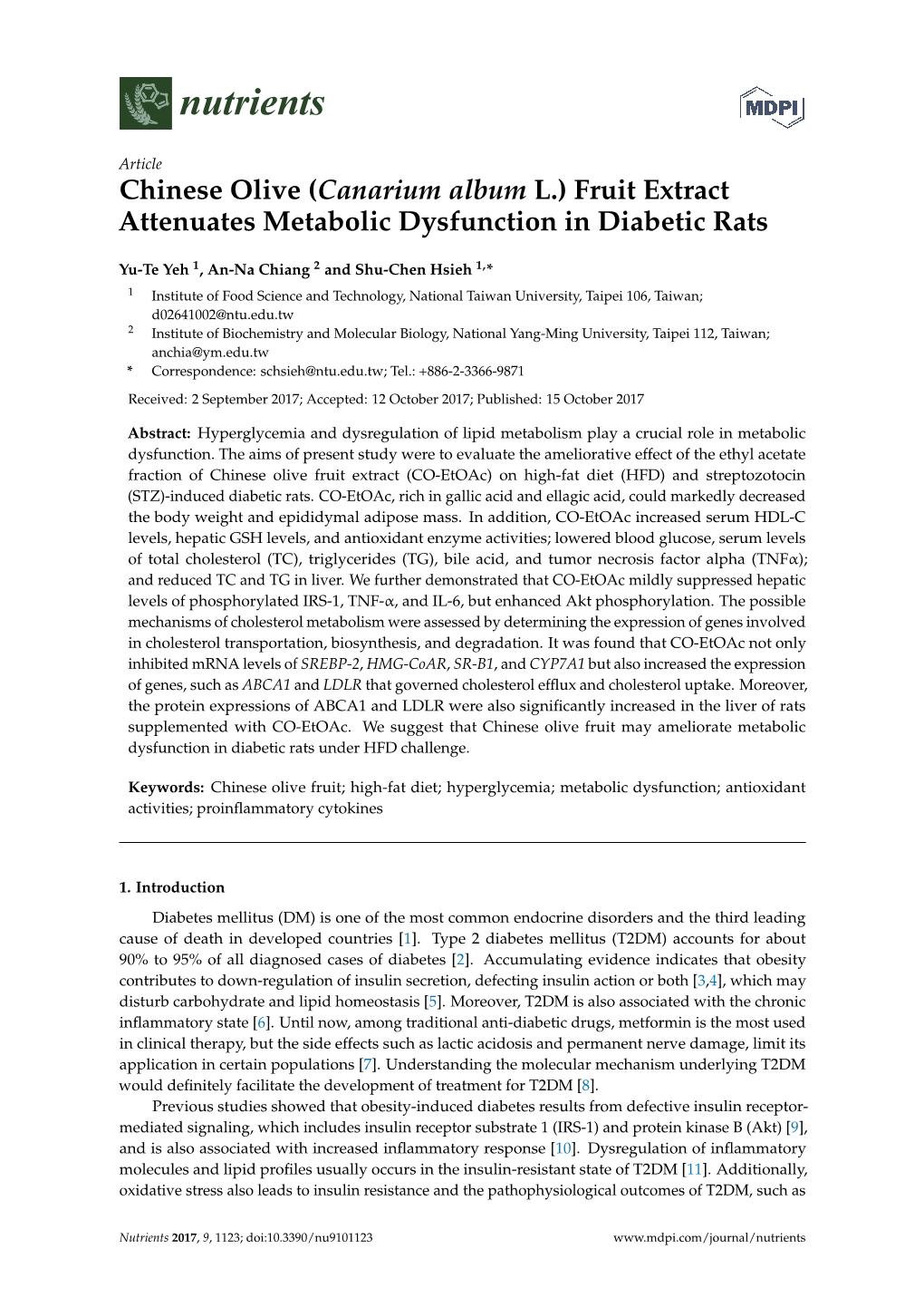 Chinese Olive (Canarium Album L.) Fruit Extract Attenuates Metabolic Dysfunction in Diabetic Rats