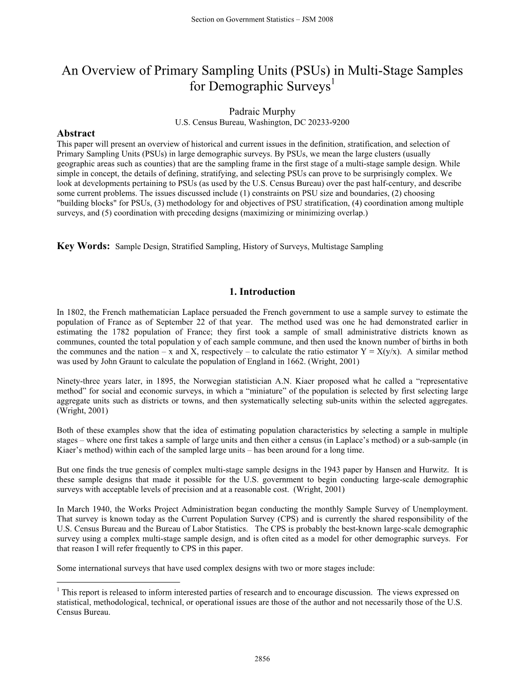 An Overview of Primary Sampling Units (Psus) in Multi-Stage Samples for Demographic Surveys1