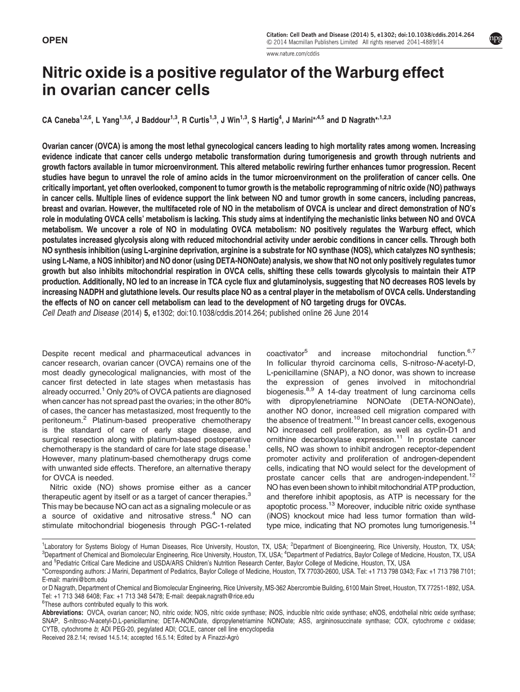 Nitric Oxide Is a Positive Regulator of the Warburg Effect in Ovarian Cancer Cells