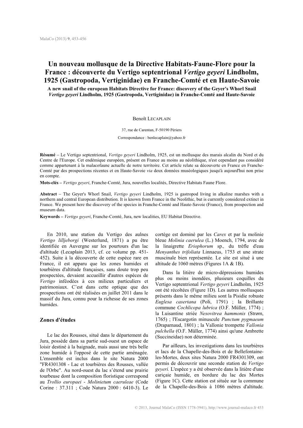 Un Nouveau Mollusque De La Directive Habitats-Faune-Flore Pour La France : Découverte Du Vertigo Septentrional Vertigo Geyeri L