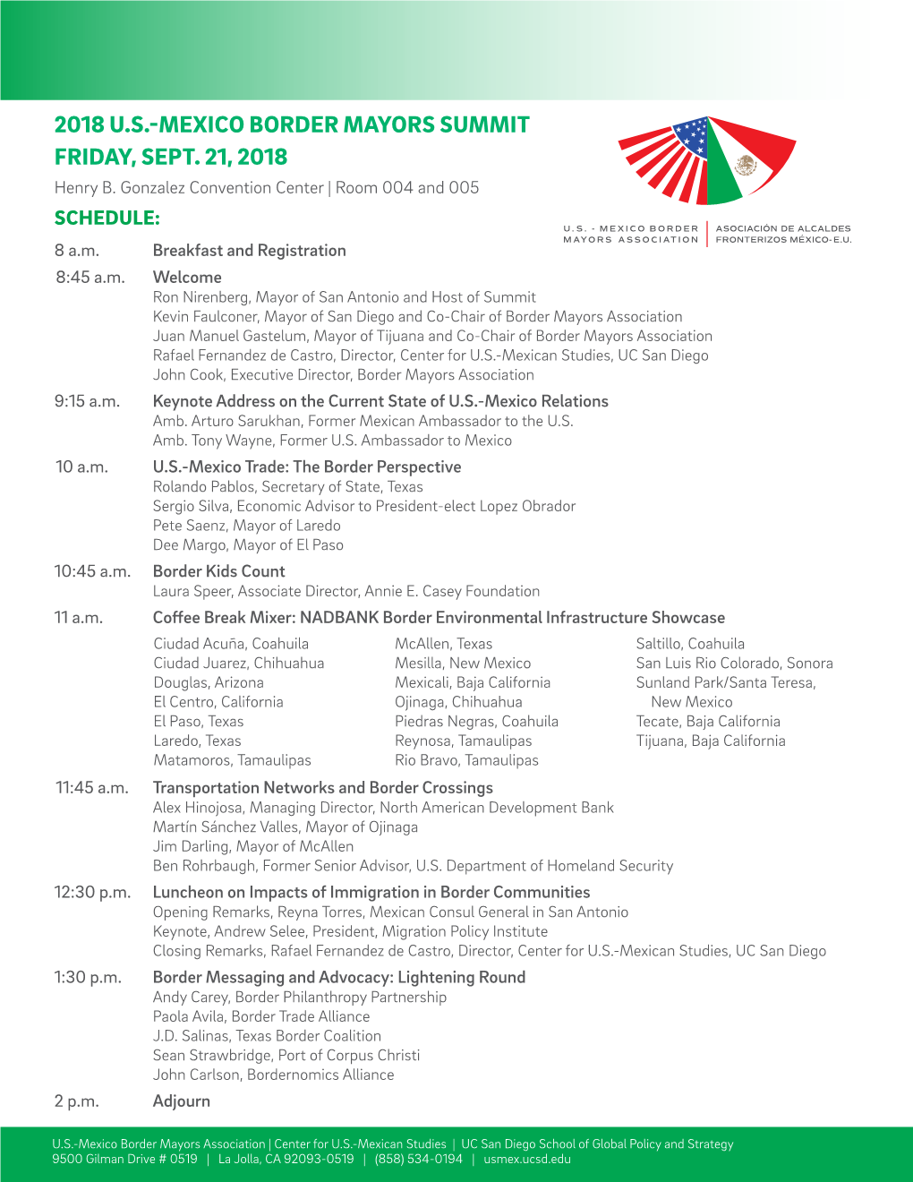 2018 U.S.-MEXICO BORDER MAYORS SUMMIT FRIDAY, SEPT. 21, 2018 Henry B