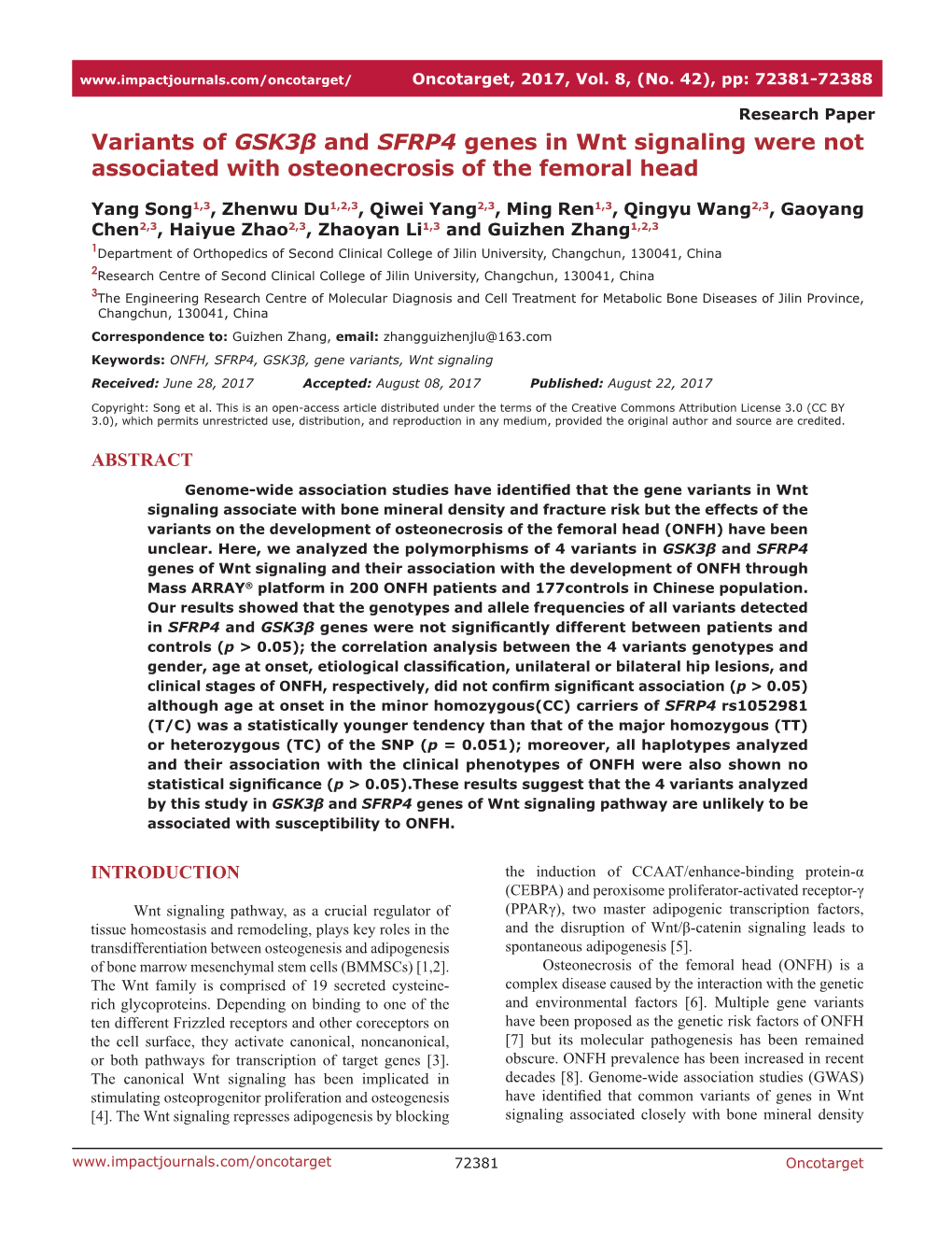 Variants of Gsk3β and SFRP4 Genes in Wnt Signaling Were Not Associated with Osteonecrosis of the Femoral Head