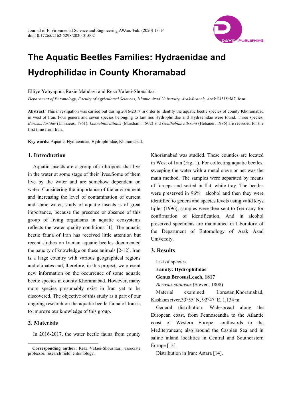 The Aquatic Beetles Families: Hydraenidae and Hydrophilidae in County Khoramabad