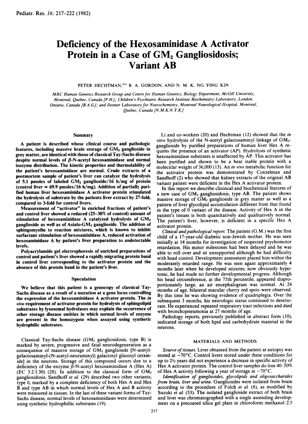 Deficiency of the Hexosaminidase a Activator Protein in a Case of GM2 Gangliosidosis; Variant AB