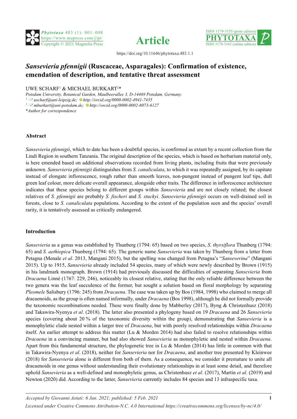 Sansevieria Pfennigii (Ruscaceae, Asparagales): Confirmation of Existence, Emendation of Description, and Tentative Threat Assessment