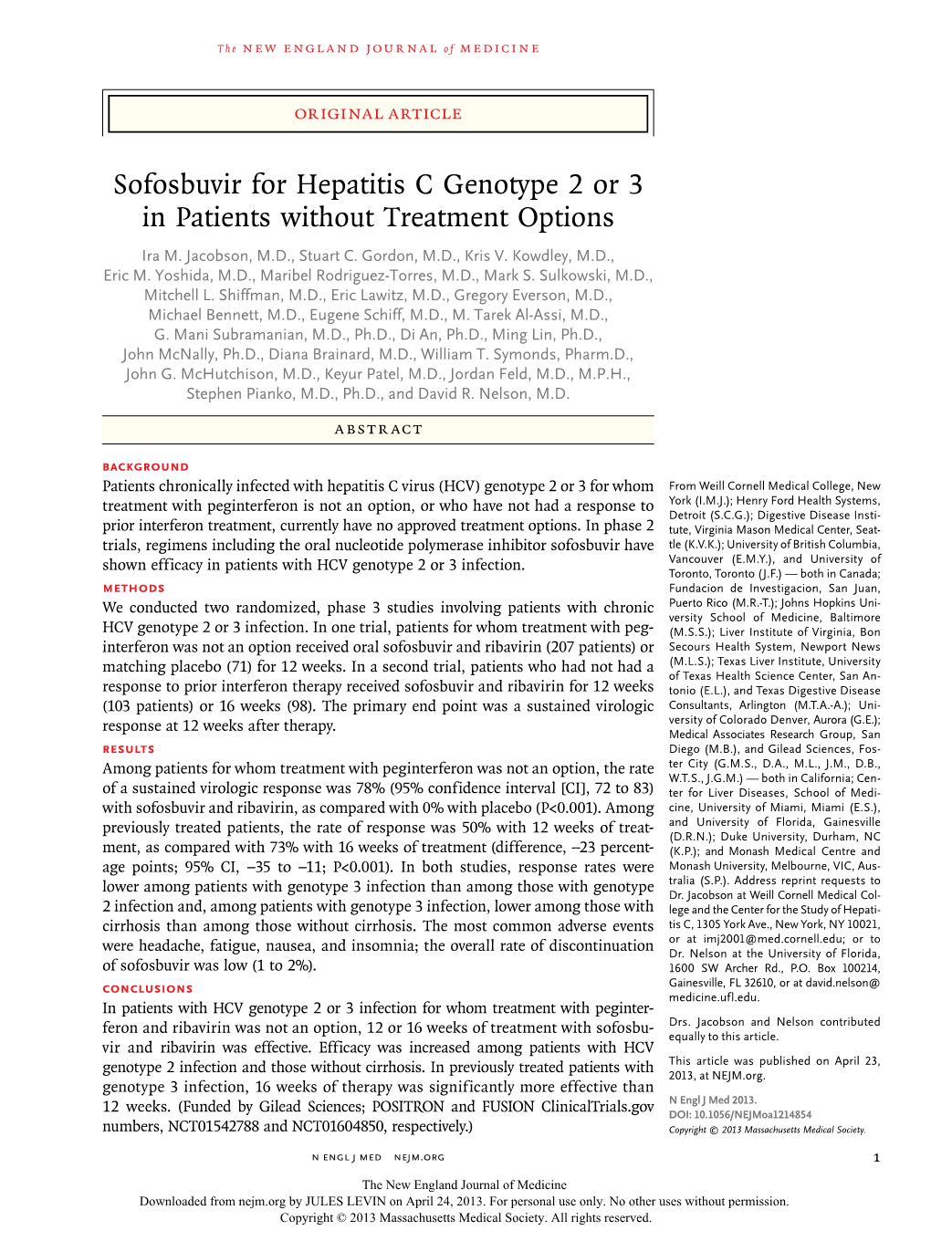 Sofosbuvir for Hepatitis C Genotype 2 Or 3 in Patients Without Treatment Options Ira M