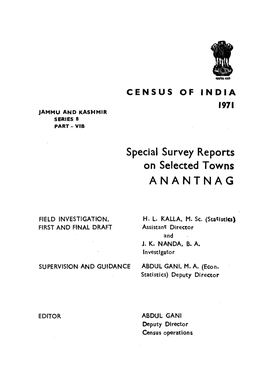 Special Survey Report on Selected Towns, Anantnag, Part-VI B, Series-8