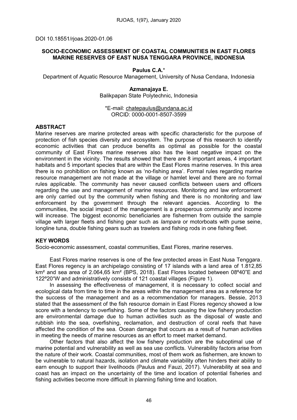 DOI 10.18551/Rjoas.2020-01.06 SOCIO-ECONOMIC ASSESSMENT