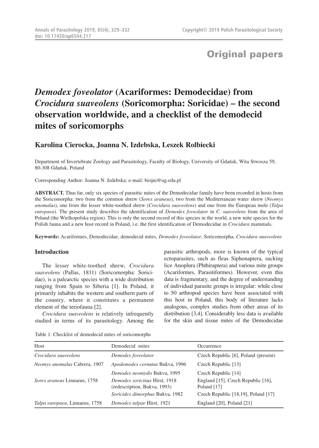 (Acariformes: Demodecidae) from Crocidura Suaveolens