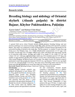 Breeding Biology and Nidology of Oriental Skylark (Alauda Gulgula) in District