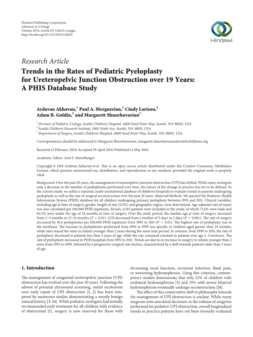 Research Article Trends in the Rates of Pediatric Pyeloplasty for Ureteropelvic Junction Obstruction Over 19 Years: a PHIS Database Study