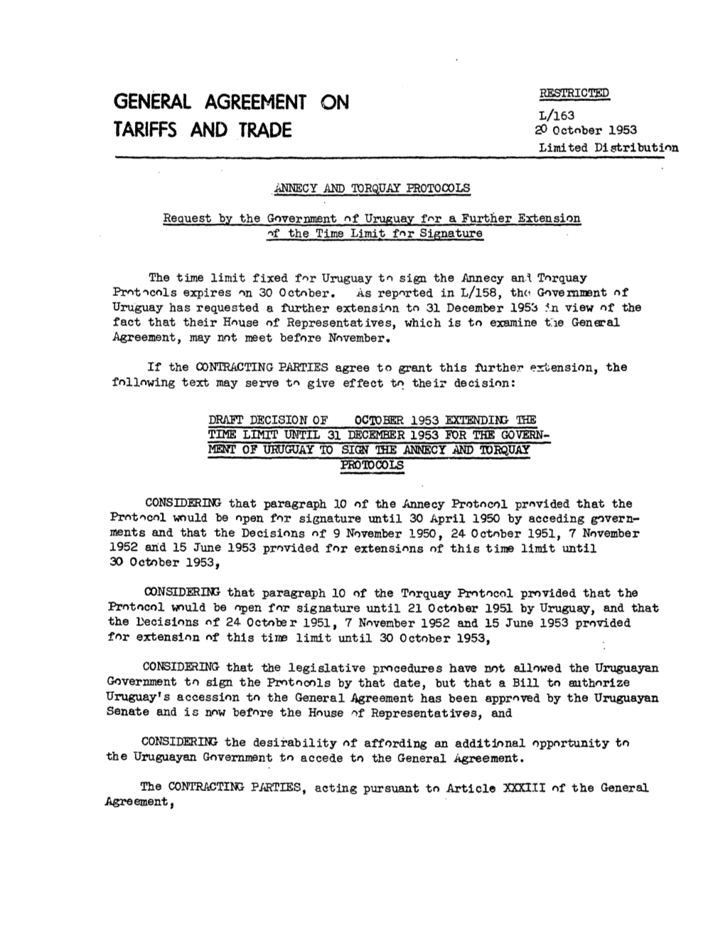 TARIFFS and TRADE 20 October 1953 Limited Distribution