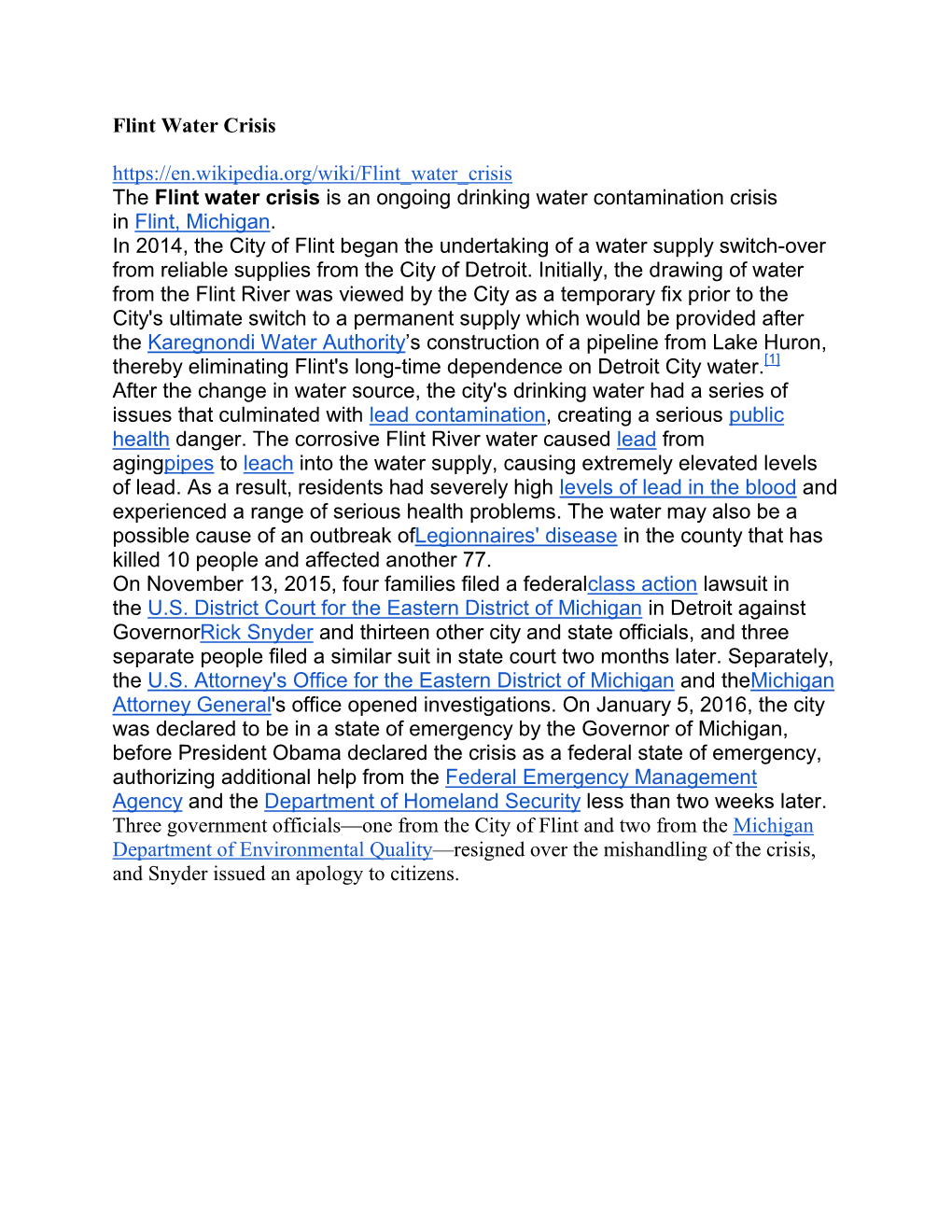 Flint Water Crisis the Flint Water Crisis Is an Ongoing Drinking Water Contamination Crisis in Flint, Michigan