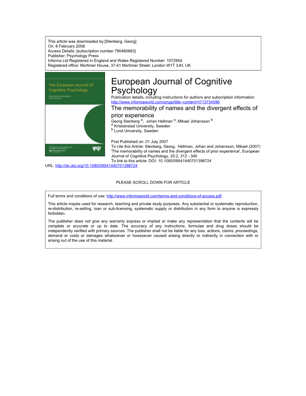 European Journal of Cognitive Psychology