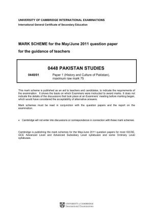 0448 PAKISTAN STUDIES 0448/01 Paper 1 (History and Culture of Pakistan), Maximum Raw Mark 75