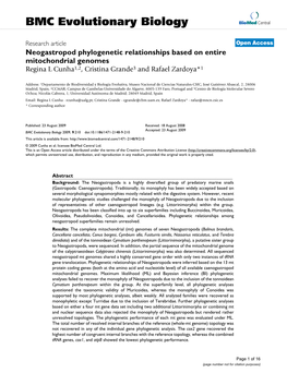 Neogastropod Phylogenetic Relationships Based on Entire Mitochondrial Genomes Regina L Cunha1,2, Cristina Grande3 and Rafael Zardoya*1