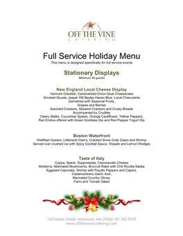 Full Service Holiday Menu This Menu Is Designed Specifically for Full Service Events