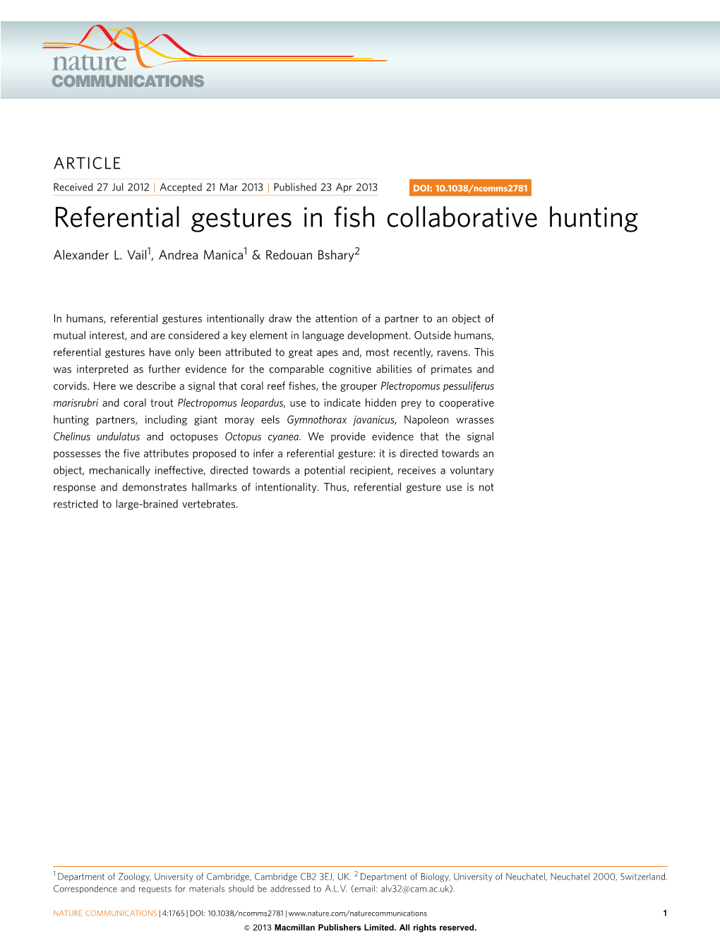 Referential Gestures in Fish Collaborative Hunting
