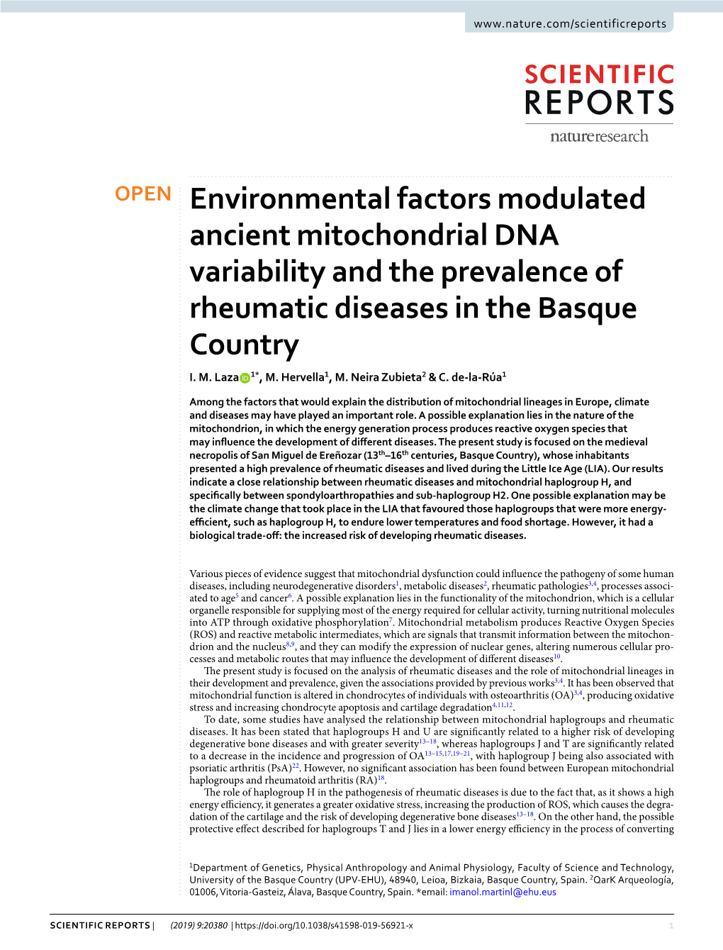 Environmental Factors Modulated Ancient Mitochondrial DNA Variability and the Prevalence of Rheumatic Diseases in the Basque Country I