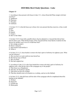 2020 Bible Bowl Study Questions - Luke