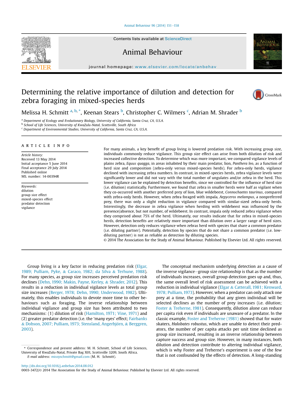 Determining the Relative Importance of Dilution and Detection for Zebra Foraging in Mixed-Species Herds