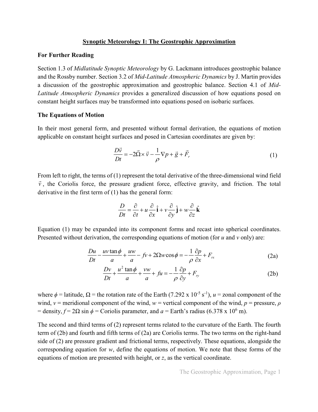 The Geostrophic Approximation, Page 1 Synoptic Meteorology I