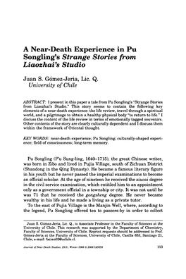 A Near-Death Experience in Pu Songling's Strange Stories from Liaozhai's Studio