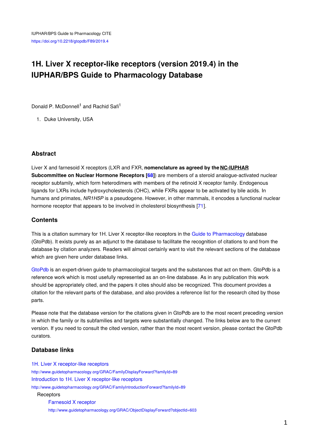 1H. Liver X Receptor-Like Receptors (Version 2019.4) in the IUPHAR/BPS Guide to Pharmacology Database