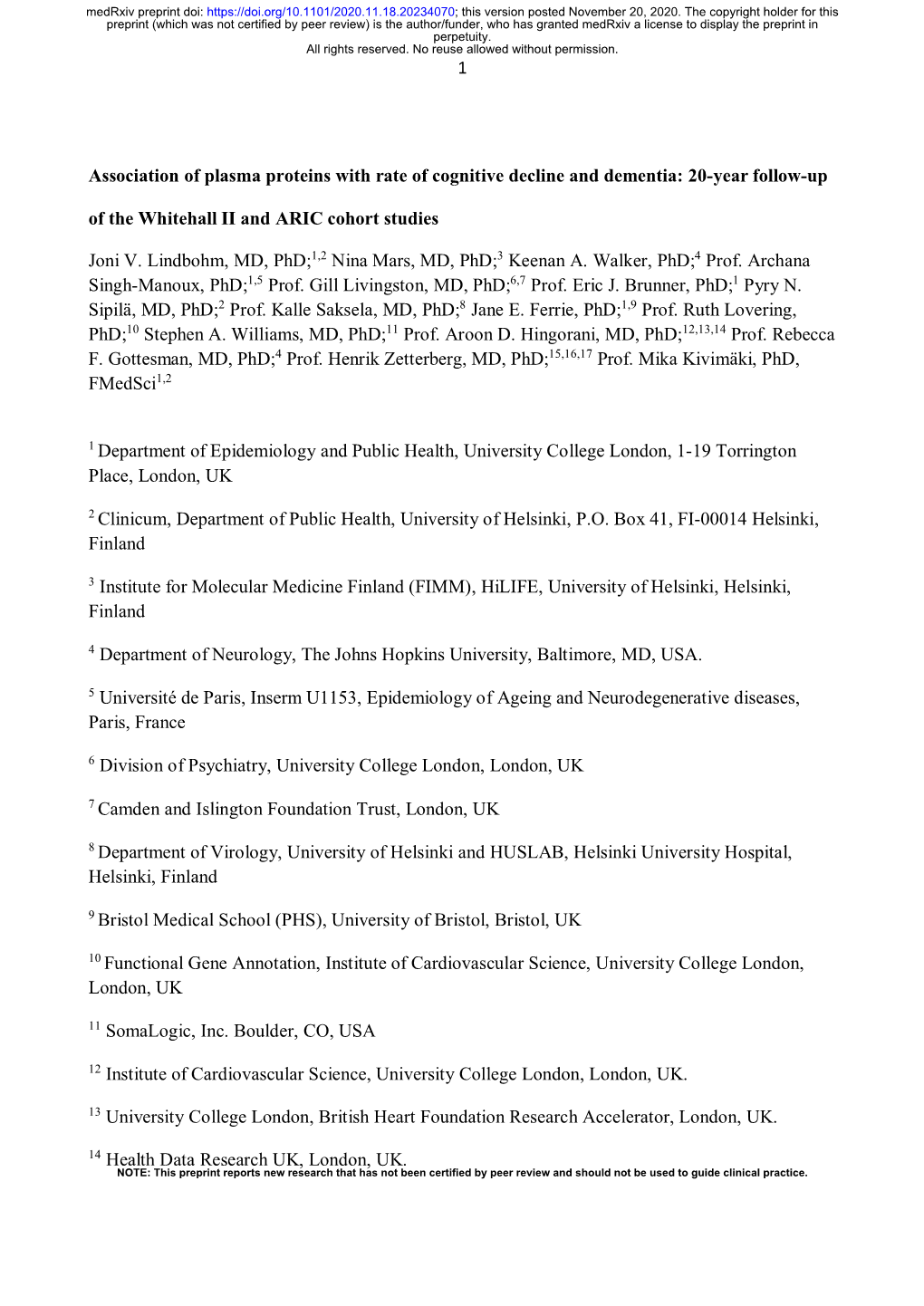 Association of Plasma Proteins with Rate of Cognitive Decline and Dementia: 20-Year Follow-Up of the Whitehall II and ARIC Cohort Studies