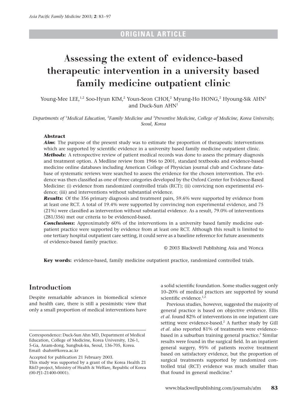 Assessing the Extent of Evidence-Based Therapeutic Intervention in a University Based Family Medicine Outpatient Clinic