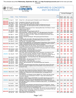 Humphreys Concerts 2021 Schedule