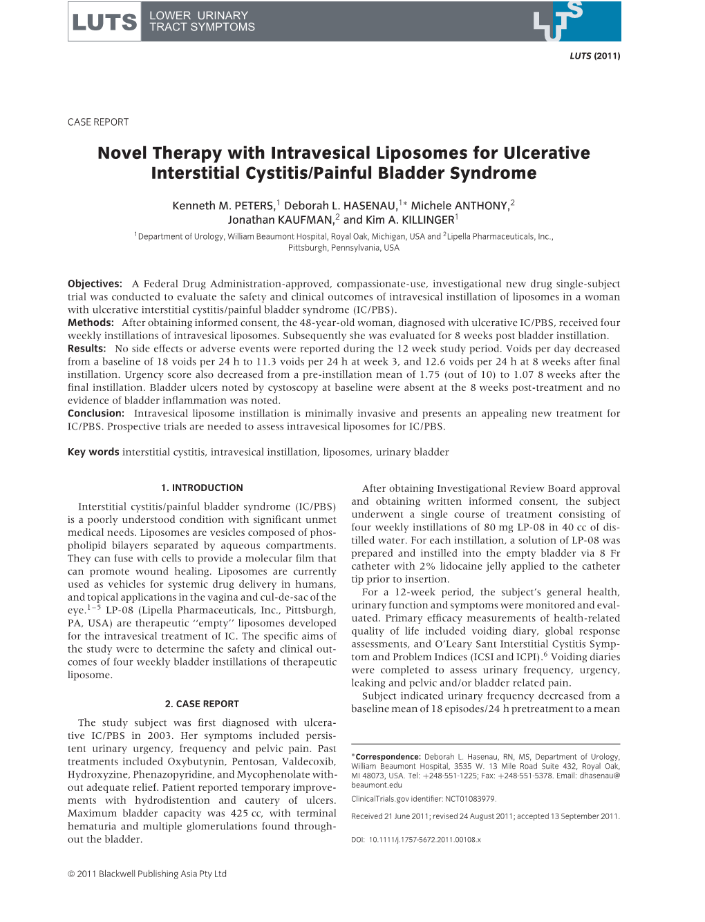 Novel Therapy with Intravesical Liposomes for Ulcerative Interstitial Cystitis/Painful Bladder Syndrome