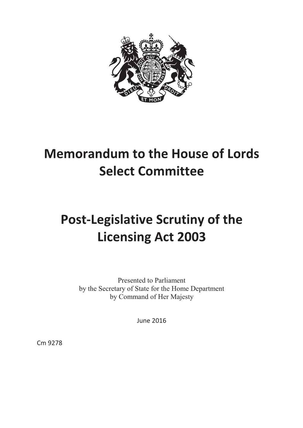 Post-Legislative Scrutiny of the Licensing Act 2003