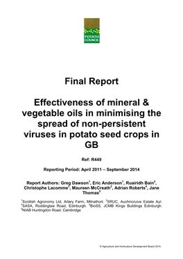 Final Report Effectiveness of Mineral & Vegetable Oils in Minimising The