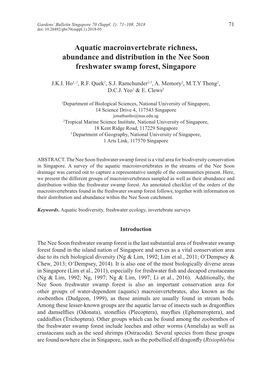 Aquatic Macroinvertebrate Richness, Abundance and Distribution in the Nee Soon Freshwater Swamp Forest, Singapore