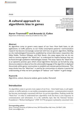 A Cultural Approach to Algorithmic Bias in Games
