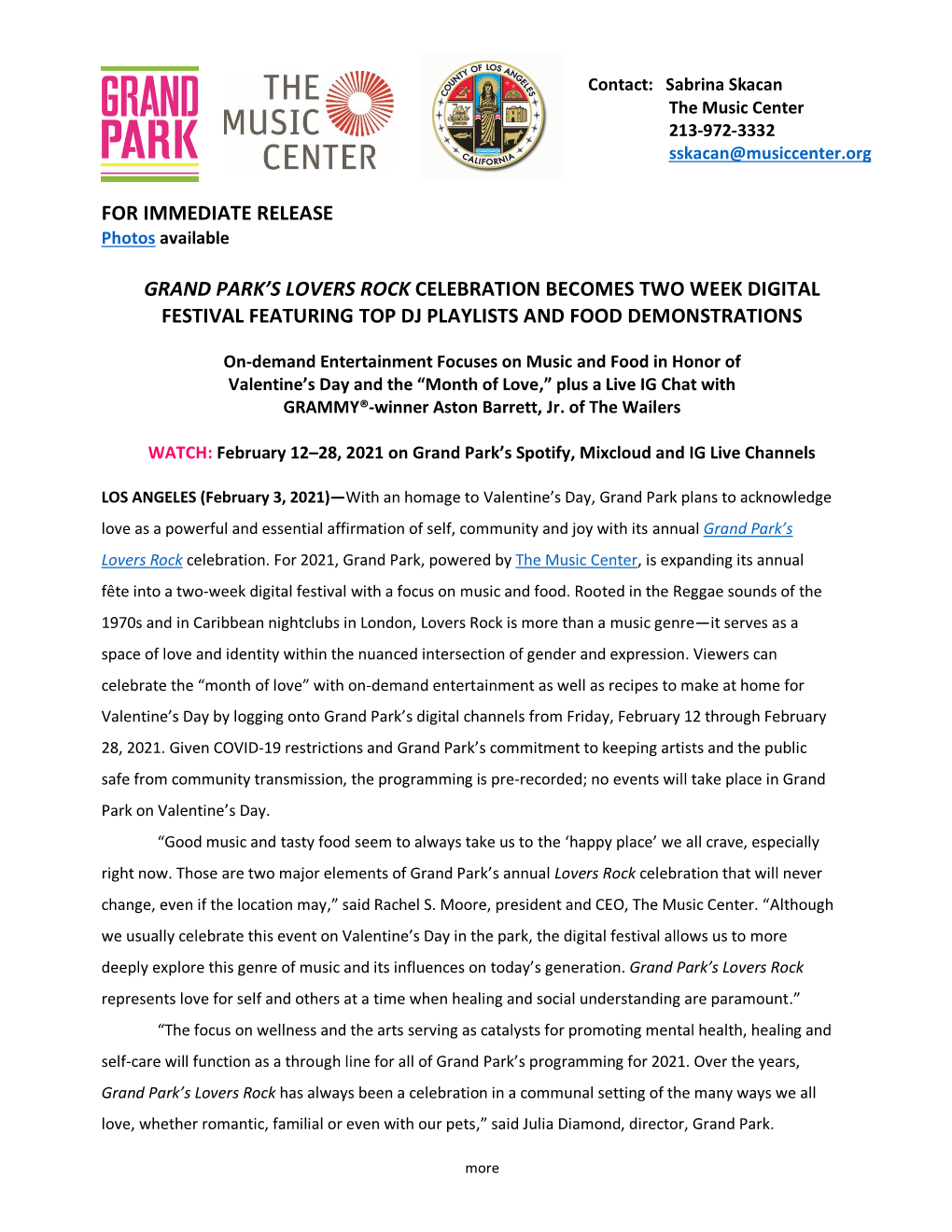 For Immediate Release Grand Park's Lovers Rock