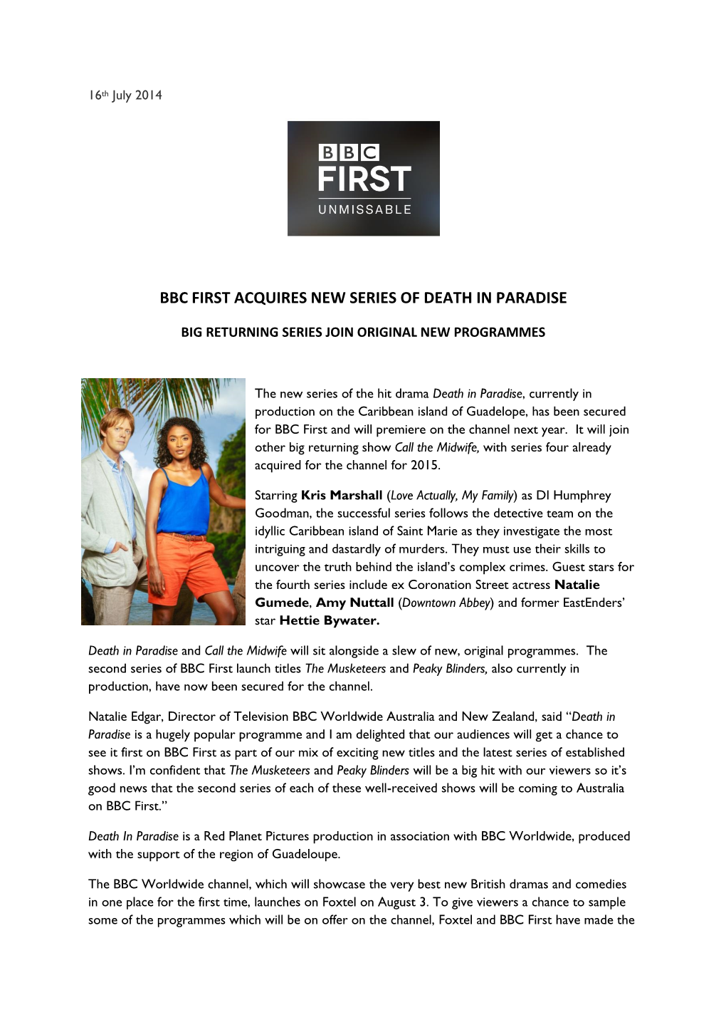 Bbc First Acquires New Series of Death in Paradise