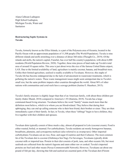 Alana Calhoun Ludington High School Ludington, Michigan Tuvalu, Water and Sanitation Restructuring Septic Systems in Tuvalu Tu